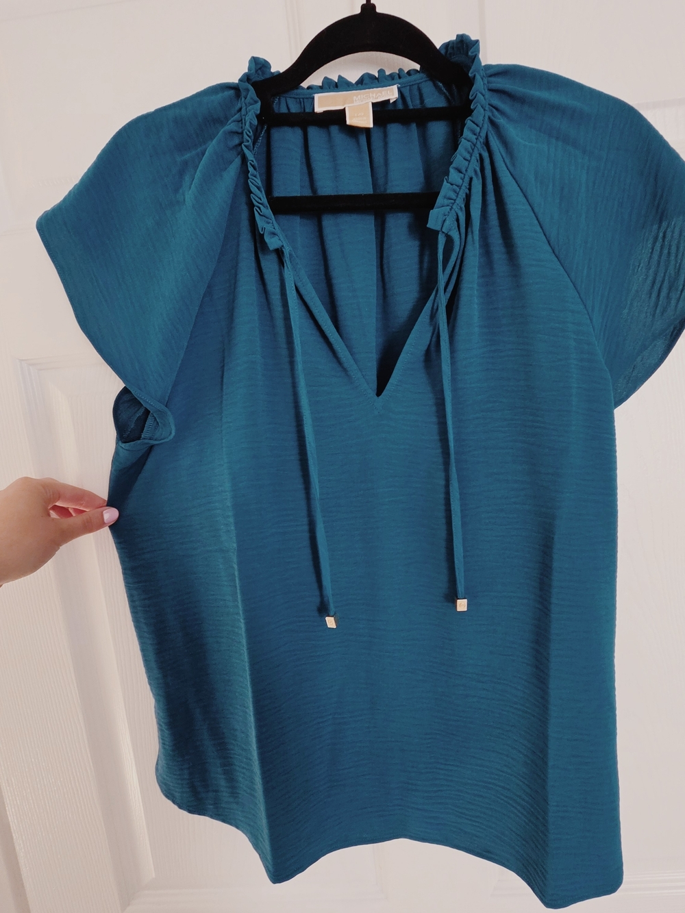Michael By Michael Kors Teal Tie Neck Blouse - L